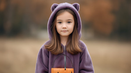 A young girl dressed in a cozy purple bear hoodie holds a cute pumpkin basket, posing outdoors during autumn. The warm autumn tones enhance her cheerful expression.の素材
