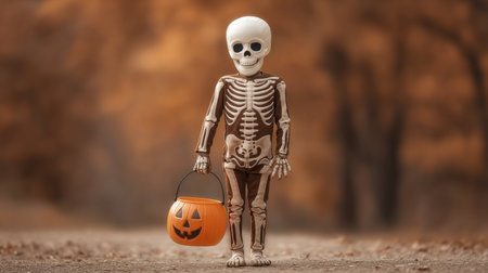 A charming skeleton figure joyfully walks outdoors, carrying a festive pumpkin bucket, surrounded by beautiful autumn colors, setting a playful Halloween atmosphere.の素材