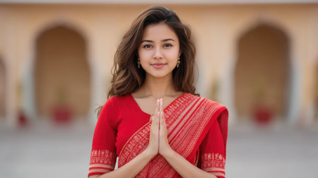 A young woman dressed in vibrant traditional attire stands outdoors, greeting with folded hands. The scene reflects cultural elegance and tranquility, inviting admiration.の素材