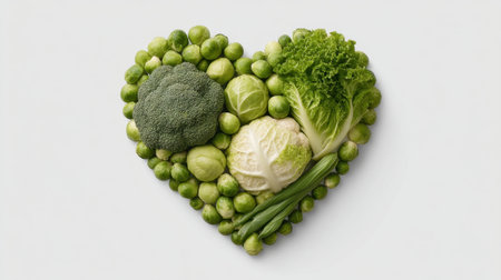 A visually striking heart-shaped arrangement of fresh green vegetables, highlighting the importance of healthy eating and nutrition in a vibrant and artistic way.の素材