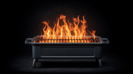 A striking image of flames rising from a charcoal grill, set against a dark backdrop. This visual showcases the vibrant heat and energy of barbecue cooking.の素材
