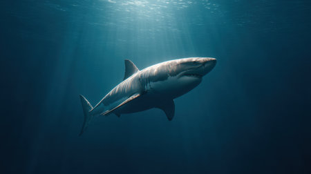A stunning depiction of a great white shark swimming in the deep ocean, surrounded by beautiful sunlight beams filtering through clear waters. Exceptional wildlife imagery for nature enthusiasts.の素材
