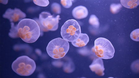 Explore the serene beauty of jellyfish gracefully floating in deep blue ocean waters. This stunning image captures the delicate and ethereal nature of these aquatic creatures.の素材