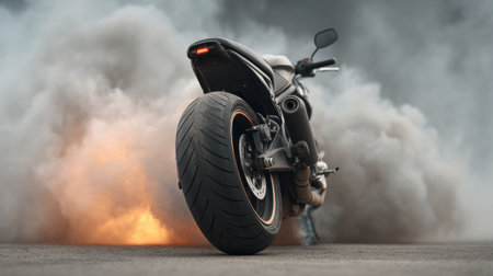 A striking image of a motorcycle in motion, emphasizing the power and excitement of riding. Smoke and flames create a dramatic backdrop enhancing the thrill.の素材