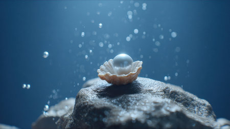 A stunning close-up of a luminous pearl nestled within a delicate seashell, resting on a rock beneath the surface, surrounded by gentle bubbles and serene aquatic atmosphere.の素材