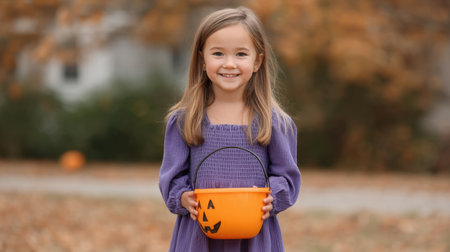 A delightful young girl wearing a purple dress holds a Halloween pumpkin bucket, smiling broadly amidst a backdrop of colorful autumn leaves. Perfect for festive themes.の素材