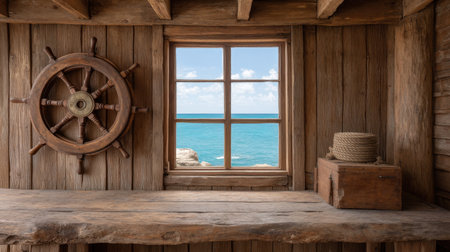 A cozy cabin interior featuring wooden furniture and nautical decor, offering a serene window view of tranquil ocean waters, perfect for relaxation and escape.の素材