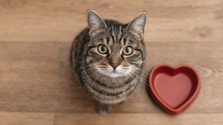 A charming tabby cat with captivating eyes looks up next to a heart-shaped bowl, embodying warmth and affection in a cozy domestic atmosphere. Perfect for animal lovers.の素材