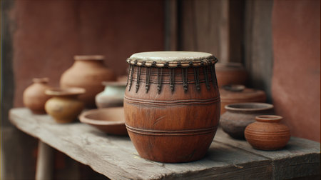 A charming display of traditional handcrafted clay pots and drums rests on a rustic wooden table, showcasing the artistry and cultural heritage of pottery making.の素材