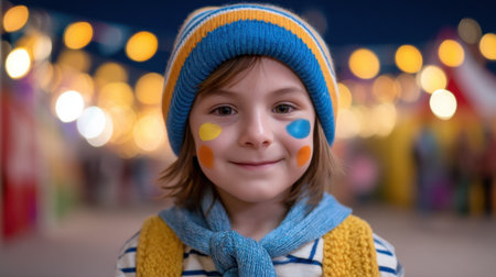 A joyful child smiles brightly at a festive outdoor event, showcasing colorful face paint and a vibrant hat, capturing the essence of happiness and celebration.の素材
