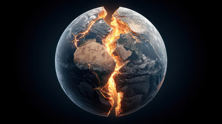 This striking image depicts a cracked earth globe with vibrant lava emerging, symbolizing global catastrophe and the urgent effects of climate change on our planet.の素材