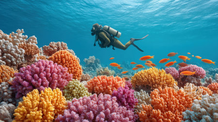 A scuba diver explores a stunning underwater landscape filled with vibrant coral reefs and colorful fish, showcasing the beauty of marine ecosystems and adventure.の素材