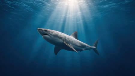 A magnificent shark glides effortlessly through the clear blue waters, illuminated by radiant sunlight filtering through the ocean surface, creating a serene underwater scene.の素材