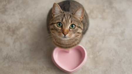 A charming tabby cat gazes curiously at a heart-shaped food bowl on a soft, neutral background, highlighting its playful spirit and affectionate nature.の素材