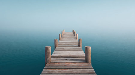 A serene wooden pier extends into still waters, enveloped in a gentle fog and soft sky. This tranquil scene offers a perfect retreat for reflection and relaxation.の素材