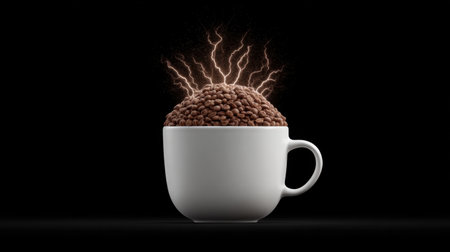 A striking image of a coffee cup overflowing with coffee beans, emitting an energetic aura. This visuals captures the essence of caffeine, wakefulness, and creativity.の素材