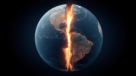 This stunning visual depicts the Earth splitting apart with bright lava flowing from the center, highlighting the intense geological forces and the beauty of nature's power.の素材