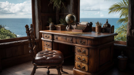 A charming wooden desk featuring a vintage typewriter and globe, positioned next to a window with breathtaking ocean views, creating a serene workspace ambiance.の素材