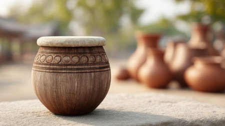 A beautifully crafted clay pot sits on a stone surface, showcasing intricate designs. In the background, a collection of diverse pottery creates a serene outdoor atmosphere.の素材