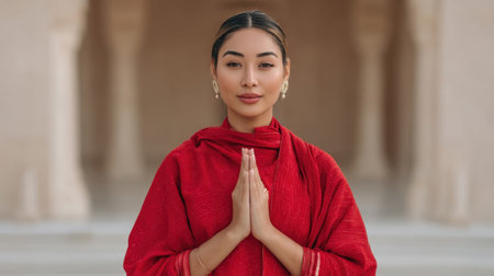 A serene young woman clad in a vivid red outfit poses gracefully with hands in prayer, framed by elegant architectural features, symbolizing spirituality and calmness.の素材