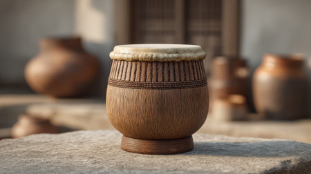 A beautifully crafted wooden drum emphasizes artisan skills and cultural heritage, beautifully placed on stone amidst rustic pottery in an outdoor environment.の素材