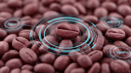 Explore the intricate details of roasted coffee beans enhanced with a digital overlay showcasing quality metrics, perfect for coffee lovers and industry professionals alike.の素材