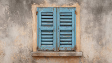 A pair of weathered blue shutters adorns a rustic wall, offering a glimpse into the charm of traditional architecture and the beauty of aged materials.の素材