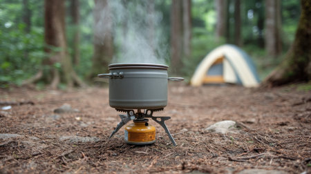 A compact cooking setup features a portable stove with steam rising from a pot, creating an inviting scene in a tranquil forest with a nearby tent.の素材