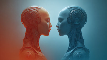 This striking image features two humanoid robots facing one another in contrasting colors, emphasizing the intersection of technology and human emotion through design.の素材