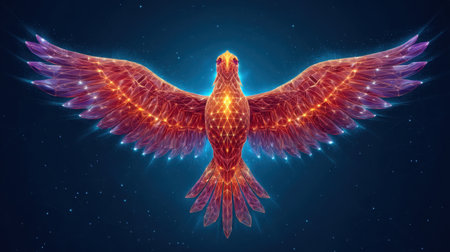 This stunning digital illustration features a phoenix in flight, showcasing vibrant colors and intricate geometric patterns against a cosmic background, representing rebirth and freedom.の素材