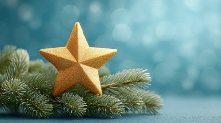 A dazzling gold star ornament rests on a lush evergreen branch, set against a soft blurred blue background, perfect for conveying holiday cheer and festivities.の素材