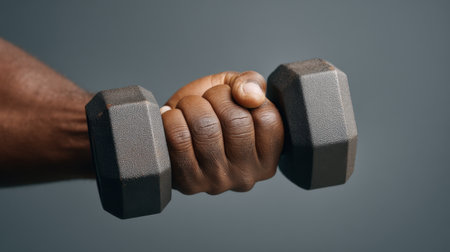 A close-up of a strong hand gripping a dumbbell, symbolizing fitness and strength training. Perfect for health and workout concepts in fitness environments.の素材
