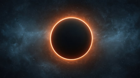 A breathtaking view of a solar eclipse, where the moon obscures the sun, revealing a glowing corona that highlights the beauty of our universe.の素材