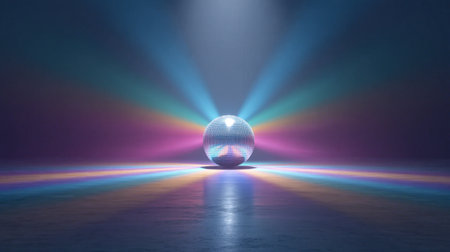 A stunning disco ball radiates colorful light beams against a dark background, setting a lively and vibrant atmosphere for any party or event. Perfect for capturing energy!の素材