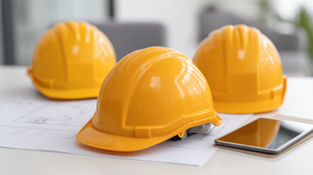 Three bright yellow construction helmets rest on a table alongside blueprints and a smartphone, symbolizing safety and efficiency in engineering and design projects.の素材