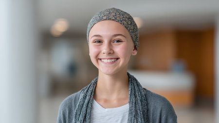 A bright and cheerful young girl wearing a stylish headscarf, radiating joy and confidence within a modern indoor space, symbolizing strength and hope.の素材