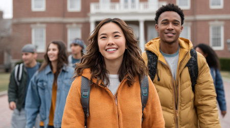 A vibrant scene of diverse college students joyfully walking together on campus, showcasing friendship and a sense of community in an educational environment.の素材