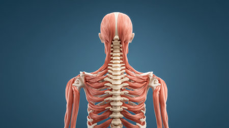 This anatomical model illustrates the human back, featuring detailed musculature and spinal structure for educational use in biology and medical studies.の素材