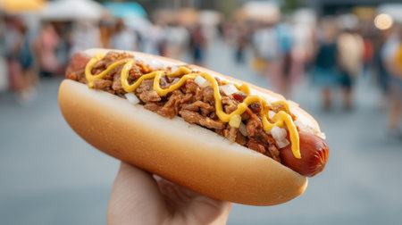 A person enjoys a flavorful hot dog topped with barbecue meat, onions, and mustard at a lively outdoor food market, creating a vibrant culinary experience.の素材