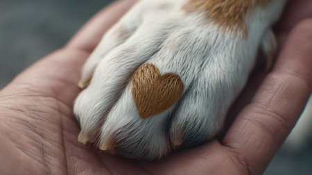 A heartwarming image showcasing a dog's paw resting gently in a human hand, featuring a unique heart-shaped marking that symbolizes love and connection.の素材
