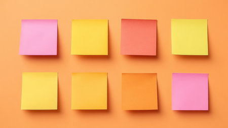 A vibrant arrangement of colorful sticky notes on an orange background, perfect for creative planning, brainstorming sessions, or organizational tasks in a modern office setting.の素材