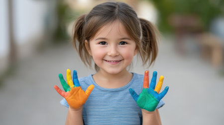 A joyful young girl shows off her colorful painted hands, capturing the essence of creativity and playfulness in a bright outdoor setting.の素材
