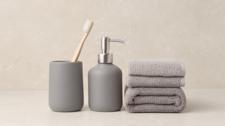 A visually pleasing arrangement of modern bathroom accessories in gray, featuring a toothbrush holder, soap dispenser, and plush towels, perfect for aesthetic minimalism.の素材