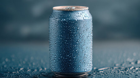 A striking close-up of a blue beverage can showcasing vivid water droplets on its surface. The blurred background emphasizes the refreshing nature of the drink.の素材