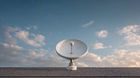 A satellite dish perched on a rooftop captures signals against a stunning sky filled with clouds. This image showcases modern communication technology in a serene setting.の素材