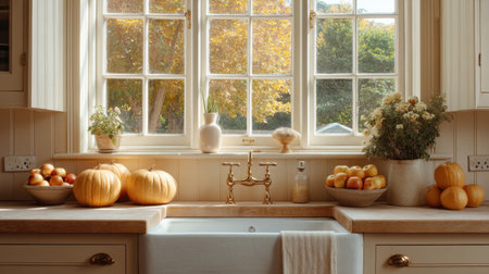 A cozy kitchen scene filled with warm autumn hues, featuring pumpkins and apples by a farmhouse sink under bright natural light, evoking a welcoming and inviting atmosphere.の素材