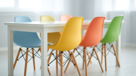 A modern table surrounded by brightly colored chairs in a well-lit space offering a stylish and inspiring atmosphere suitable for any creative or informal setting.の素材