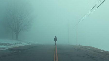 A lone figure walks down a deserted road enveloped in thick fog, creating an atmosphere of mystery and solitude. The scene evokes emotion and invites exploration.の素材