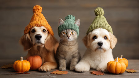This charming photo features a golden retriever, a fluffy puppy, and a cute kitten donning colorful knitted hats, surrounded by pumpkins and autumn leaves, embodying seasonal warmth.の素材
