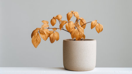 A charming display of dried leaves from a houseplant in a beige pot, symbolizing nature's beauty and transience within a minimalist indoor setting.の素材